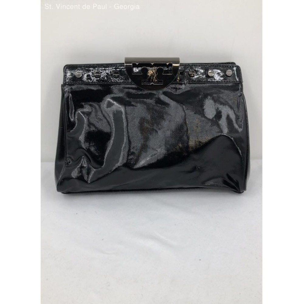 Vintage Tory Burch Black Patent Leather Clutch Handbag Purse Metal Clasp Studded